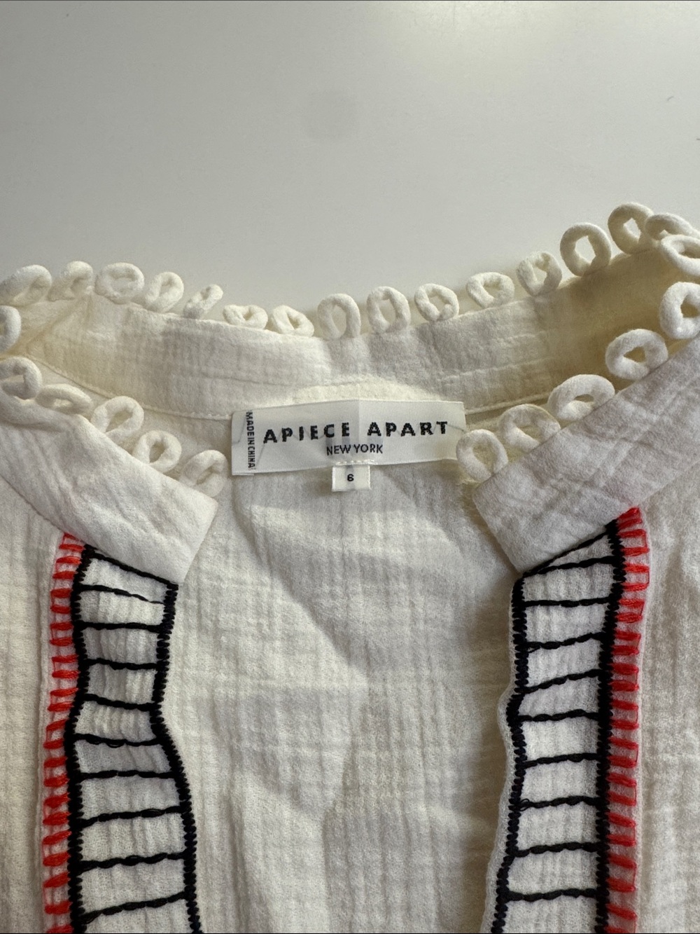 Apiece Apart White Gauze Peasant Blouse with Black & Red Embroidery - Picture 3 of 5